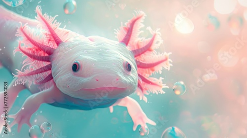 Enchanting Underwater Scene: Mesmerizing Soft Focus Image of a Captivating Axolotl, Featuring Intricate Gills and Floating Bubbles, Evoking a Sense of Underwater Serenity