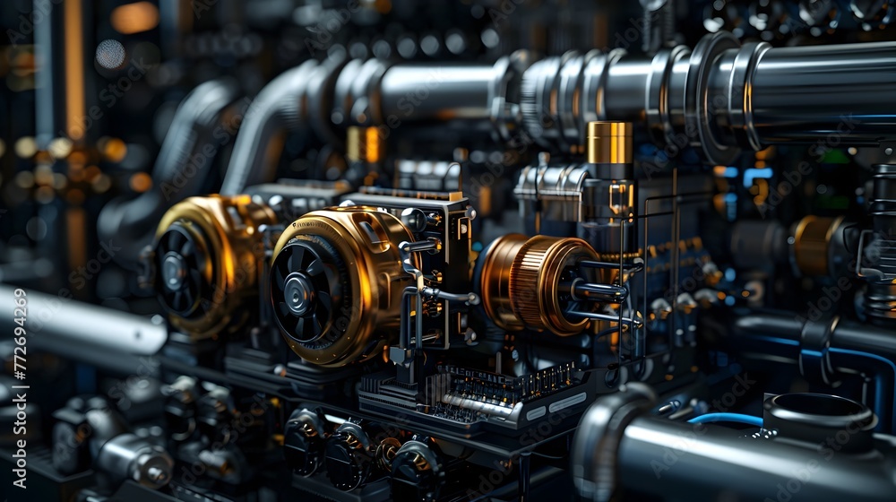 Fototapeta premium Groundbreaking Geothermal Heat Pump Project in Eco-Friendly Community with Noir Nights Color Palette and 3D Rendering