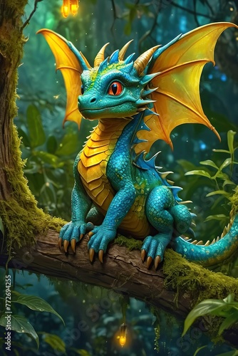 A beautiful baby dragon sitting on a limb in a tree in a mystical jungle