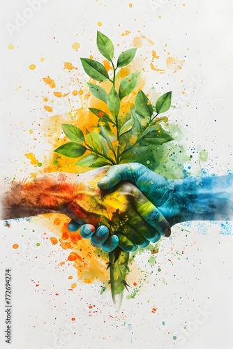 Handshake and Plant Symbolizing Sustainable Business Practices in Vibrant Summer Solstice Watercolor Impressionism