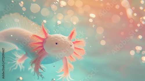 Axolotl's Underwater Charm: Explore the Soft Focus Portrait of a Captivating Axolotl, Admiring its Detailed Gills and the Ethereal Presence of Floating Bubbles in the Aquatic Environment
