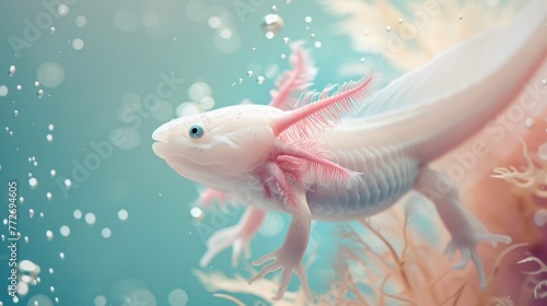 Underwater Delight: Immerse Yourself in the Soft Focus Image of a Captivating Axolotl, Noting its Intricate Gills and the Subtle Play of Bubbles Under The Sea
