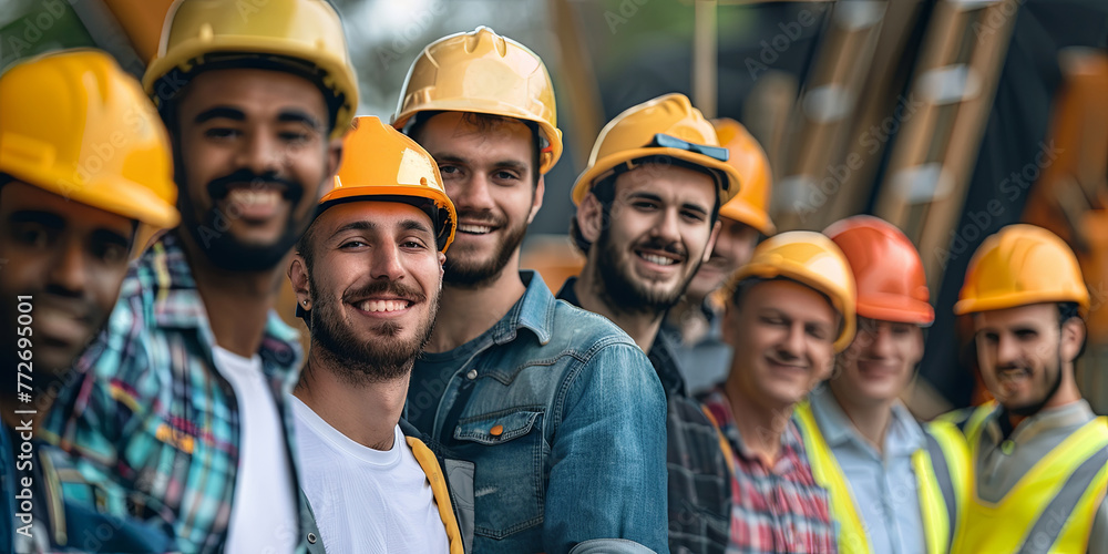 Fototapeta premium smiling construction workers posing for the camera, generative AI