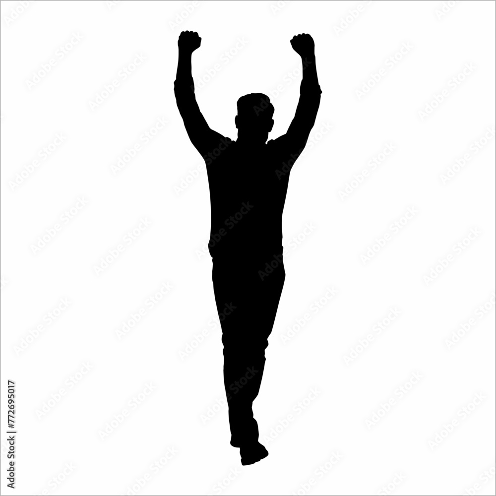 Silhouette of a man raising his hands, happy, successful, music, disc jockey, music hall Silhouette of a man raising his hands, happy, successful, music, disc jockey, music hall