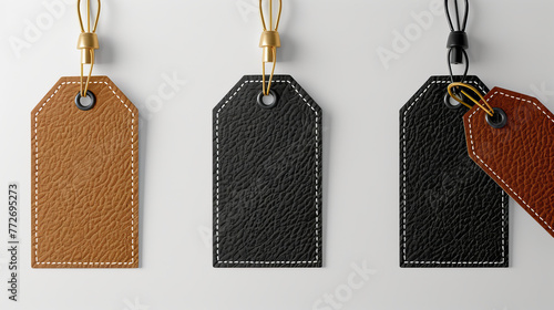 An arrangement of three leather luggage tags in different textures and colors, each featuring a clear space for a blank label photo