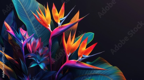 Tropical Elegance  A Vibrant Artistic Interpretation of Bird of Paradise Flowers Against a Dark Background  Infusing the Scene with Exotic Charm and Dramatic Contrast.