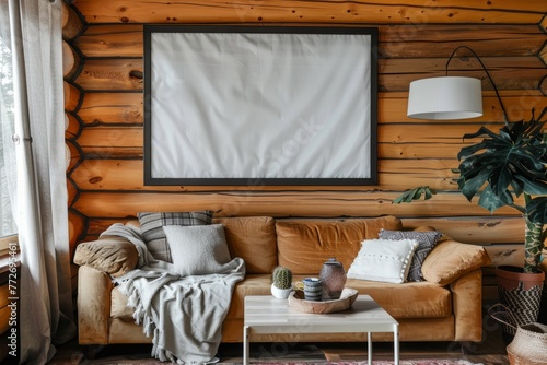 Cozy living room in log cabin with couch and wall picture