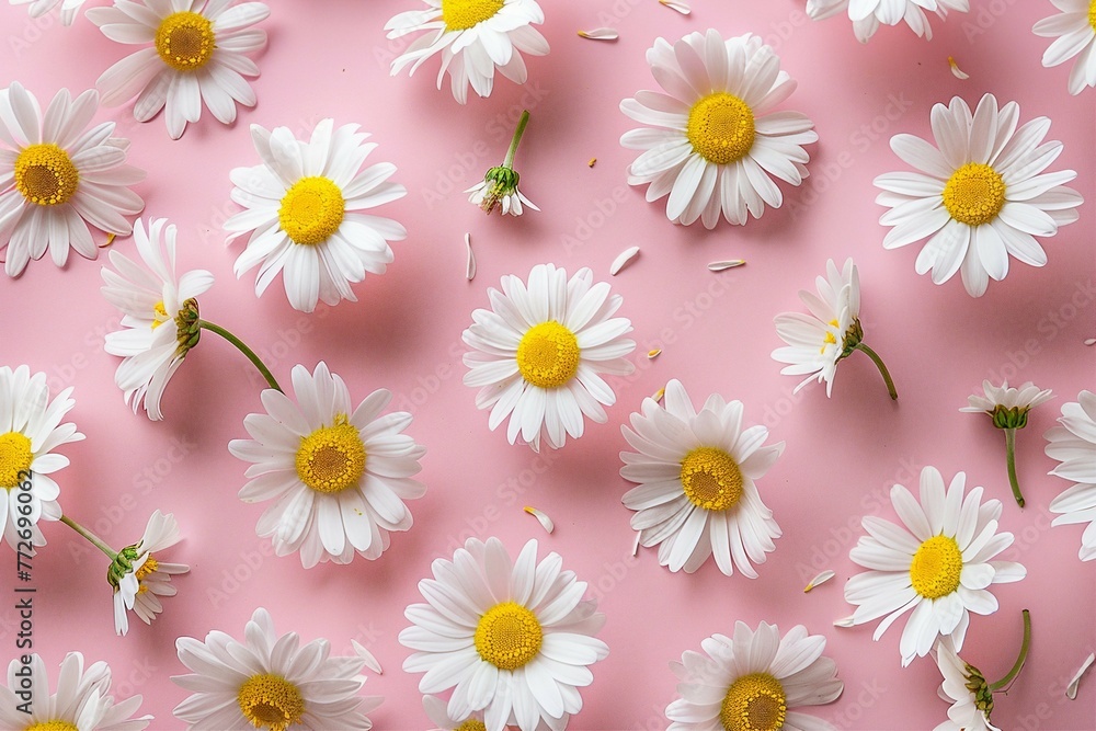 Obraz premium Daisy Pattern on Pink Background with Copy Space 