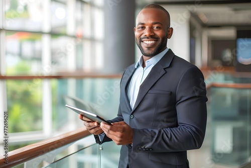 African man holding tablet phone in office