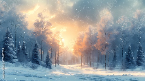 Digital snow scene trees fairy tale abstract illustration poster web page PPT background © jinzhen