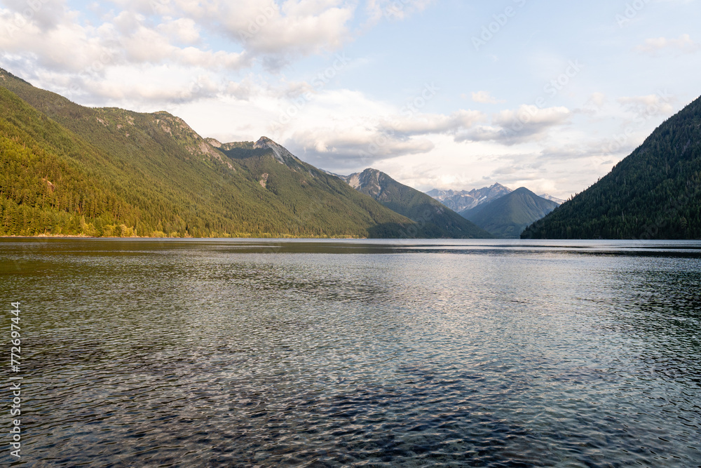 Beautiful waters of the Chilliwack Lake park clouds and mountains