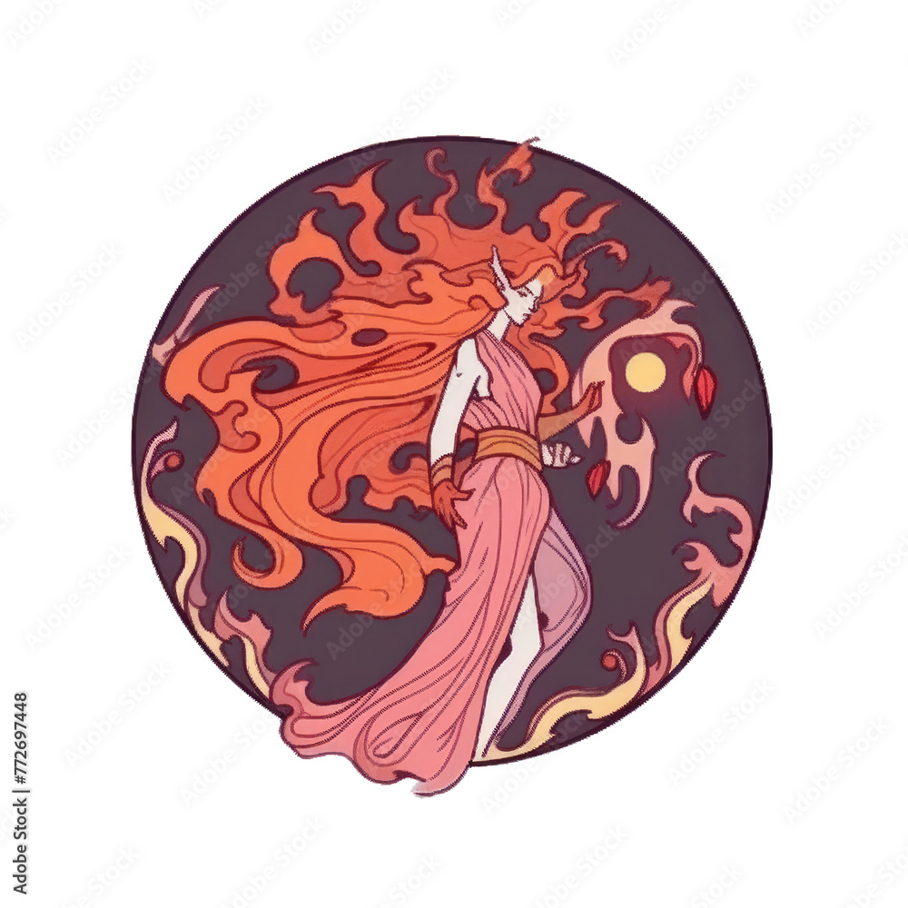 An illustration of a mysterious woman with long red hair within a circle An illustration of a mysterious woman with long red hair within a circle
