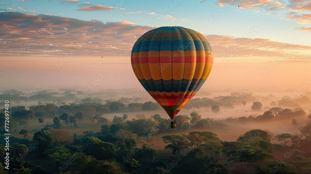 A hot air balloon rising at dawn using the power of heat to explore the skies
