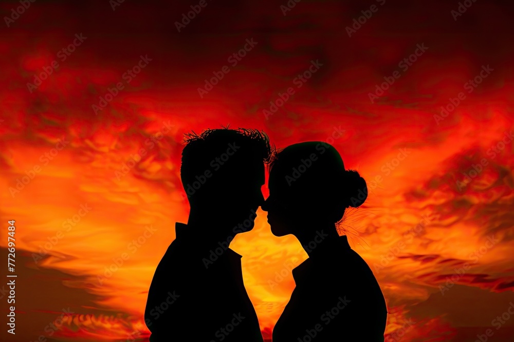 A passionate couples silhouette against the backdrop of a fiery sunset