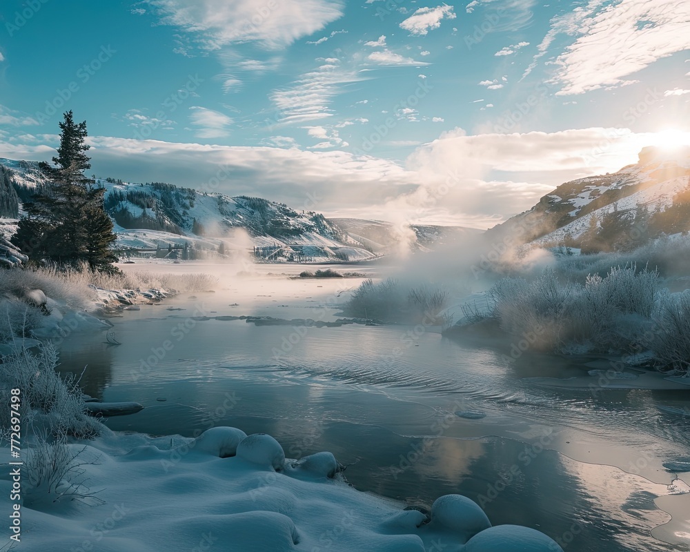 Fototapeta premium A steaming hot spring in a snowy landscape contrasting the cold with natural warmth