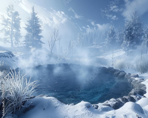 A steaming hot spring in a snowy landscape contrasting the cold with natural warmth © AI Farm