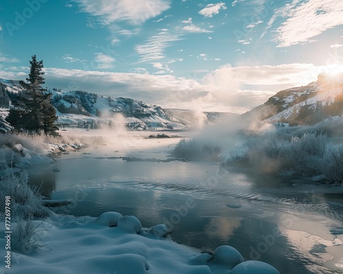 A steaming hot spring in a snowy landscape contrasting the cold with natural warmth