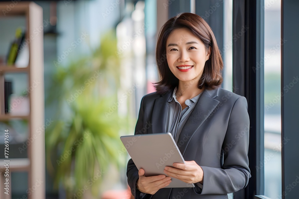 asian woman holding tablet phone in office asian woman holding tablet phone in office