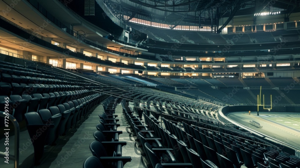 A behindthescenes glimpse from the top level of a stadium with rows of empty luxury boxes and the distant roar of the crowd echoing through the empty corridors.