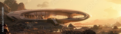 An architectural masterpiece designed for Martian landscape blending technology with alien aesthetics