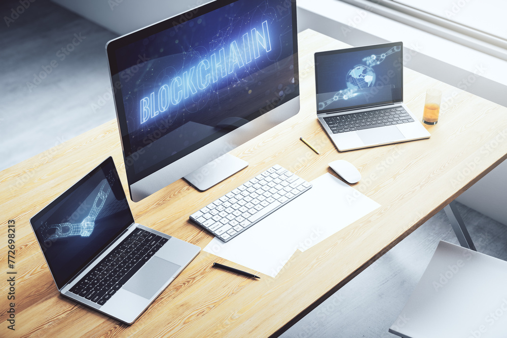 Creative abstract blockchain technology sketch on modern laptop monitor, future technology and blockchain concept. 3D Rendering Creative abstract blockchain technology sketch on modern laptop monitor, future technology and blockchain concept. 3D Rendering