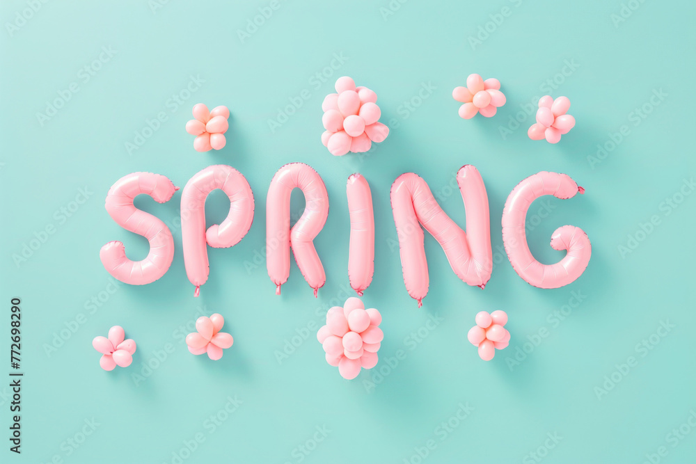 The word 'SPRING' created with pink inflated letter balloons surrounded by clusters of flowers on a teal background.