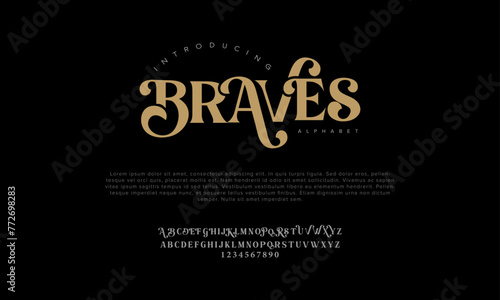 Braves premium luxury elegant alphabet letters and numbers. Vintage wedding typography classic serif font decorative vintage retro. Creative vector illustration