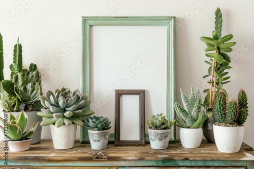 Shelf adorned with houseplants in flowerpots and a rectangular picture frame