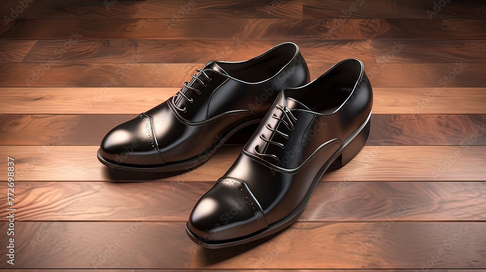 A pair of classic black leather crafted on a polished brown wooden floor, Generative ai. A pair of classic black leather crafted on a polished brown wooden floor, Generative ai.