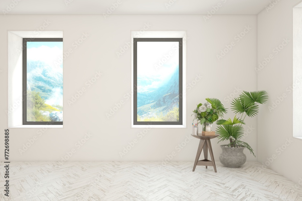 White empty room with summer landscape in window. Scandinavian interior design. 3D illustration White empty room with summer landscape in window. Scandinavian interior design. 3D illustration