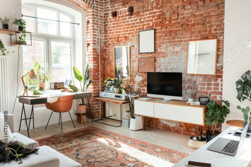 An interior design with brick wall, furniture, and a plant