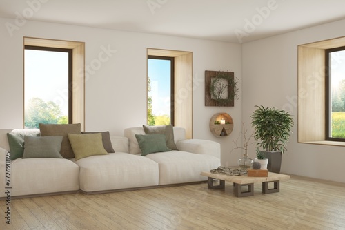 White living room with sofa and summer landscape in window. Scandinavian interior design. 3D illustration