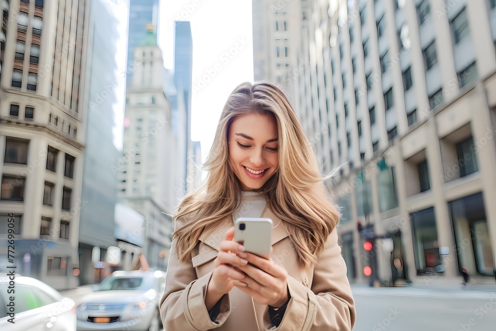 Fototapeta premium Caucasian woman holding smart phone on urban street