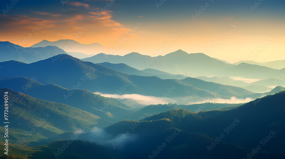 Beautiful sunrise at misty morning mountains Beautiful sunrise at misty morning mountains