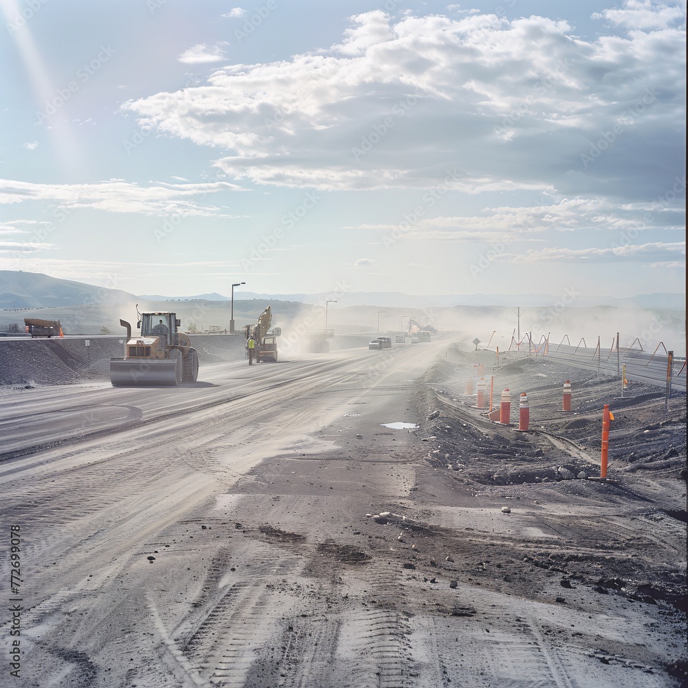 An expansive view of a road under construction, capturing the raw essence of progress amidst the dust An expansive view of a road under construction, capturing the raw essence of progress amidst the dust