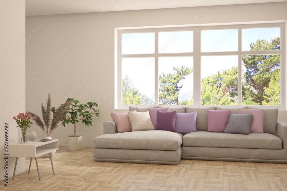 White living room with sofa and summer landscape in window. Scandinavian interior design. 3D illustration White living room with sofa and summer landscape in window. Scandinavian interior design. 3D illustration