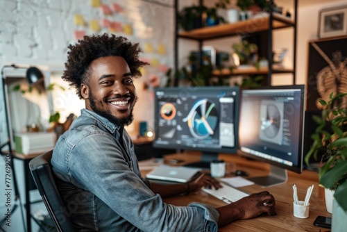 Smiling African American man working at a computer with graphics software in a creative office setting.