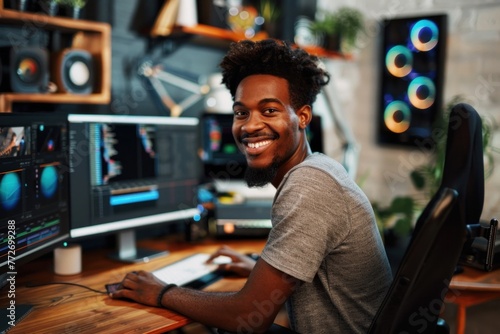 Smiling African American male video editor working on dual monitors in a cozy, plant-filled workspace.