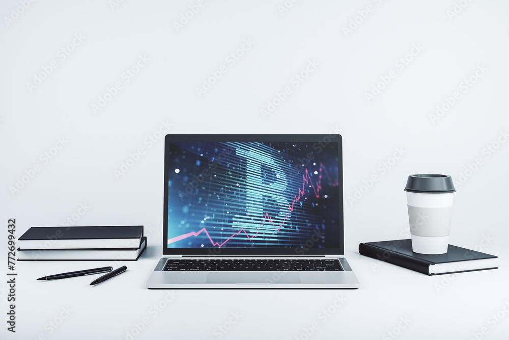Creative Bitcoin concept on modern laptop screen. 3D Rendering Creative Bitcoin concept on modern laptop screen. 3D Rendering