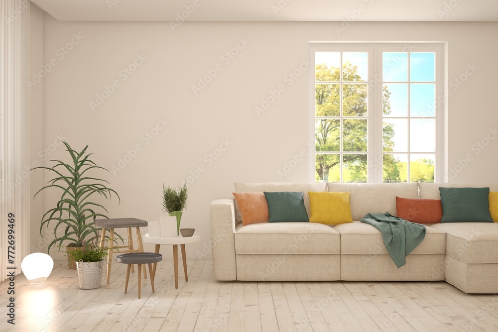 White living room with sofa and summer landscape in window. Scandinavian interior design. 3D illustration White living room with sofa and summer landscape in window. Scandinavian interior design. 3D illustration