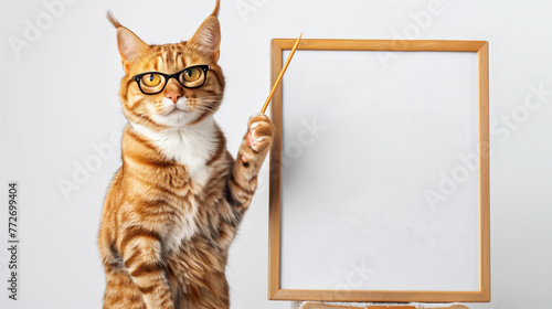 Intelligent and cute cat with glasses teaching on the whiteboard