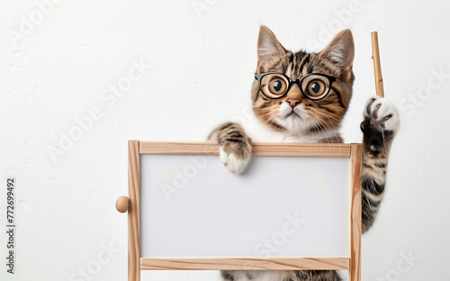 Intelligent and cute cat with glasses teaching on the whiteboard