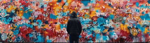 A creator standing before a mural made of supporter names