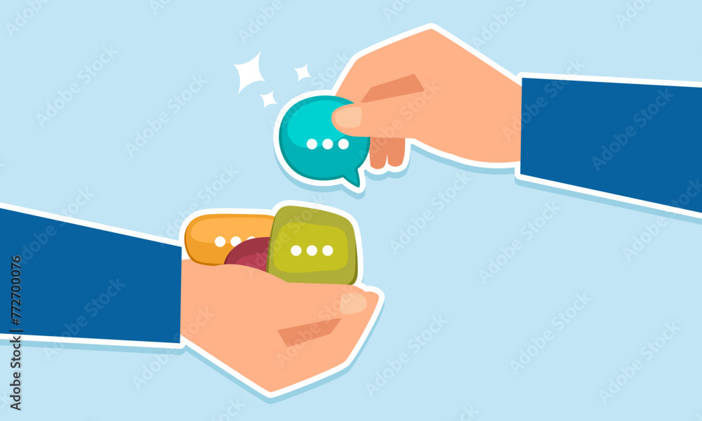 Gathering input: staff and client surveys, brainstorming, enhancing communication, concept of Businessman offering feedback in speech bubble to manager hand Gathering input: staff and client surveys, brainstorming, enhancing communication, concept of Businessman offering feedback in speech bubble to manager hand