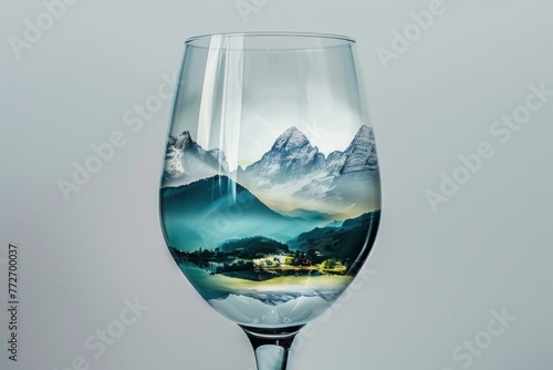 A wine glass with a liquid that mirrors a captivating mountain scenery, symbolizing a blend of elegance and nature.
