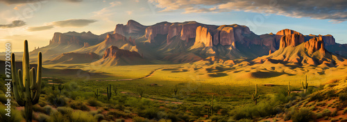 A panoramic view of the Arizona desert with its red rocks and green cacti, bathed in golden sunlight, with the iconic Superstition Mountains in the background