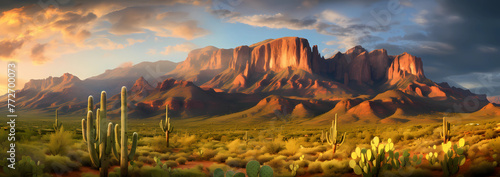 An illustration of the Superstition Mountains in Arizona, featuring cacti and desert plants in the golden hour lighting, with red rocks and towering mountains