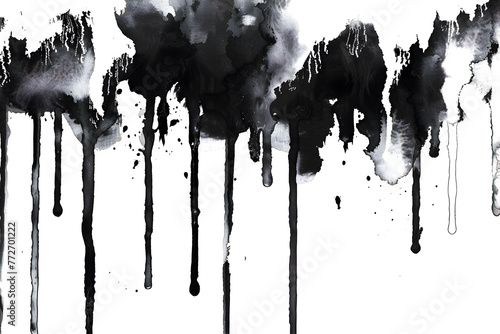Black and white watercolor paint drips on transparent background.