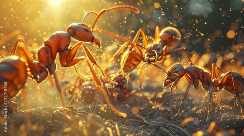 Ants battling over food, closeup shot, with a fashionforward backdrop 3DCG,high resulution