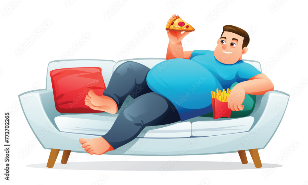 Fat man lying on the sofa with junk food. Vector illustration isolated on white background